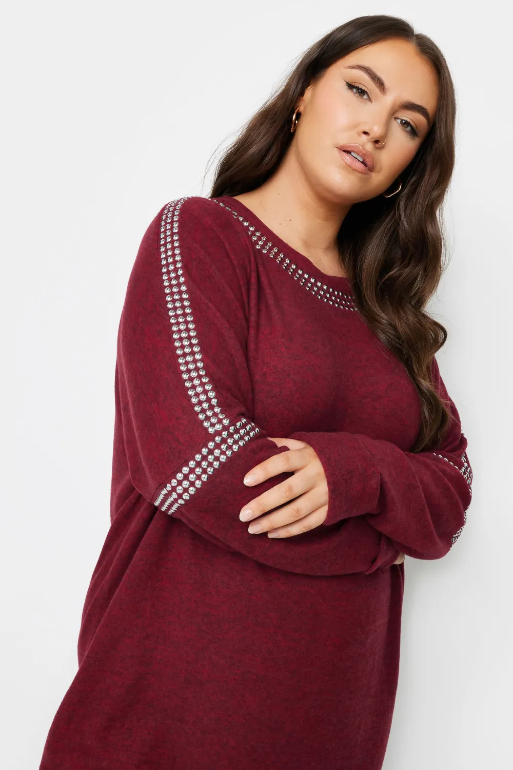 YOURS Curve Grey Stud Neckline Embellished Jumper