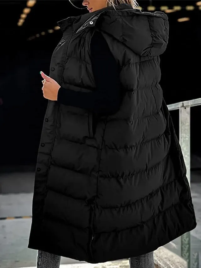 Women's Puffer Vest Long Winter Coat Sleeveless Hooded Jacket Thermal Warm Parka Windproof Gilet Zipper Outerwear Fall