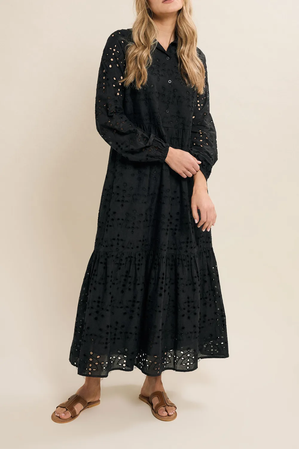 Casual Style Black Broderie Tiered Maxi Dress