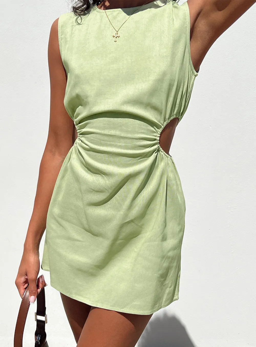 Sleeveless Green Waist Cinching Mini Dress