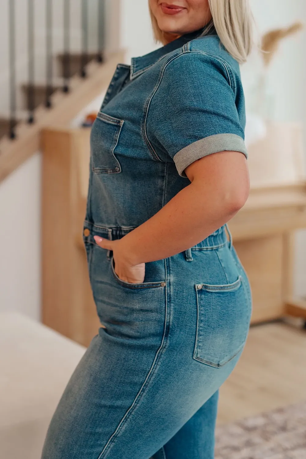 Blue Classic Minimalist Zipper Slim-Fit Jumpsuit