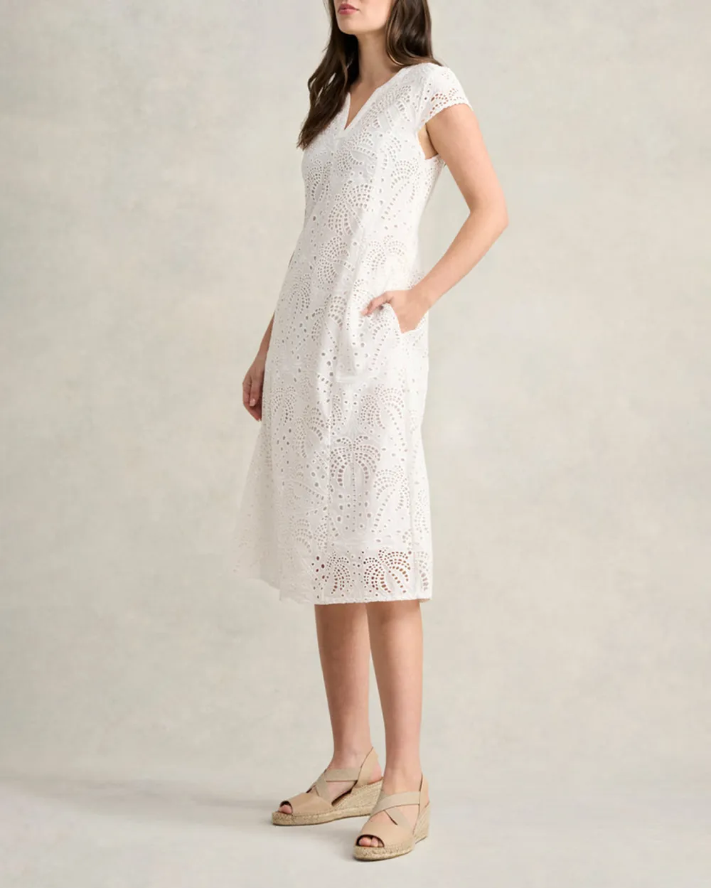 V Neck Short Sleeve Eyelet Midi Dress