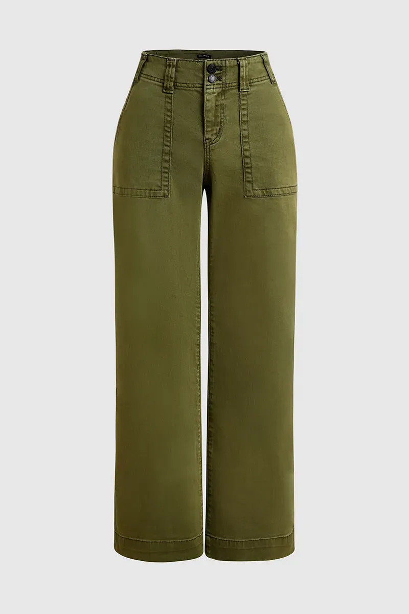 Double Button Mid Waist Straight Leg Pants