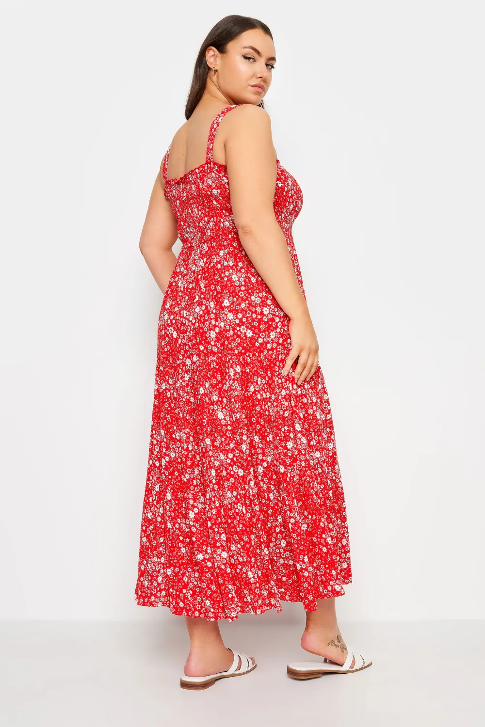 YOURS Curve Red Ditsy Floral Print Shirred Maxi Dress