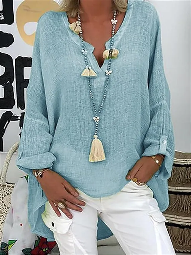 Women's Shirt Blouse Linen Black White Pink Plain Long Sleeve Casual Basic V Neck Regular Fit Spring Fall