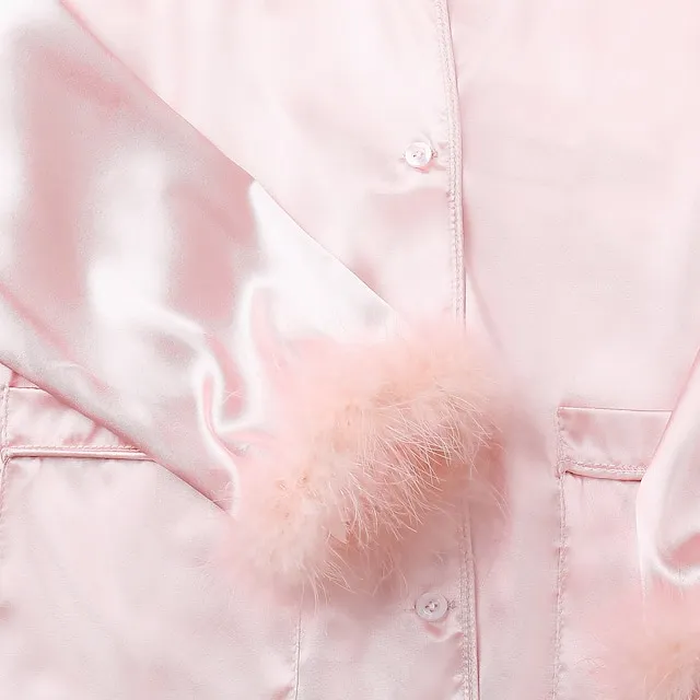 Women's Gift Loungewear Pajamas Sets Home Party Valentine's Day Feather Pure Color Silk Simple Soft Shirt Pant Fall Spring Summer Lapel Long Sleeve Long Pant Buckle Pocket