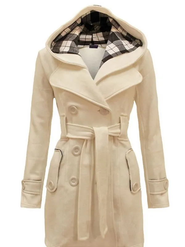 Women's Winter Coat Long Overcoat with Belt Elegant Pea Coat with Hood Double Breasted Warm Windproof Hoodie Jacket Fashion Daily Casual Outerwear Long Sleeve Black Wine Red S M L