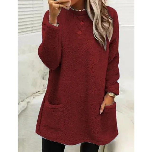 Women's Sweatshirt Pullover Sherpa Fleece Teddy Pocket Marron Black Blue Solid Color Street Casual Round Neck Long Sleeve Fleece S M L XL 2XL 3XL