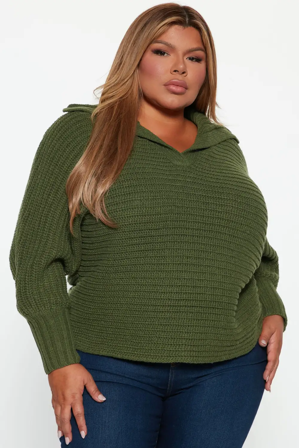 Cozy Rib Knit Collar Sweater - Hunter