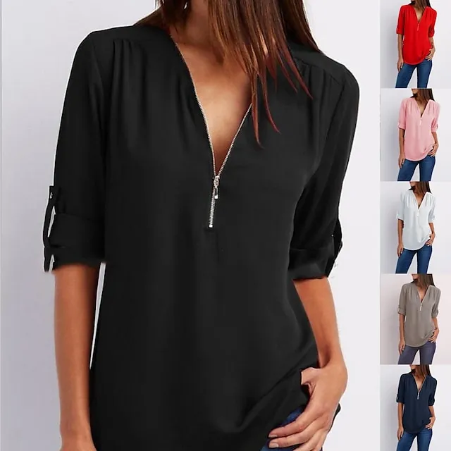 Women‘s Blouse Shirt Zipper Basic Plain Daily V Neck T-shirt Sleeve Regular Summer White Black Pink Grey Dark Blue
