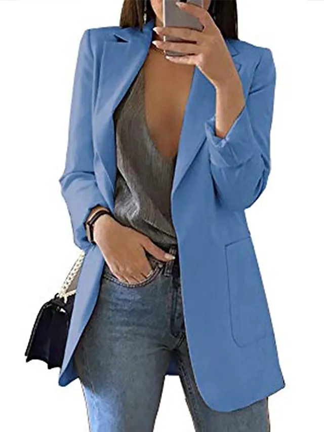 Women's Blazer Casual Pocket Clean Fit Formal Outdoor Daily Wear Polyester Spring Wine Green Black Open Front V Neck Regular Fit S M L XL XXL 3XL / Solid Color
