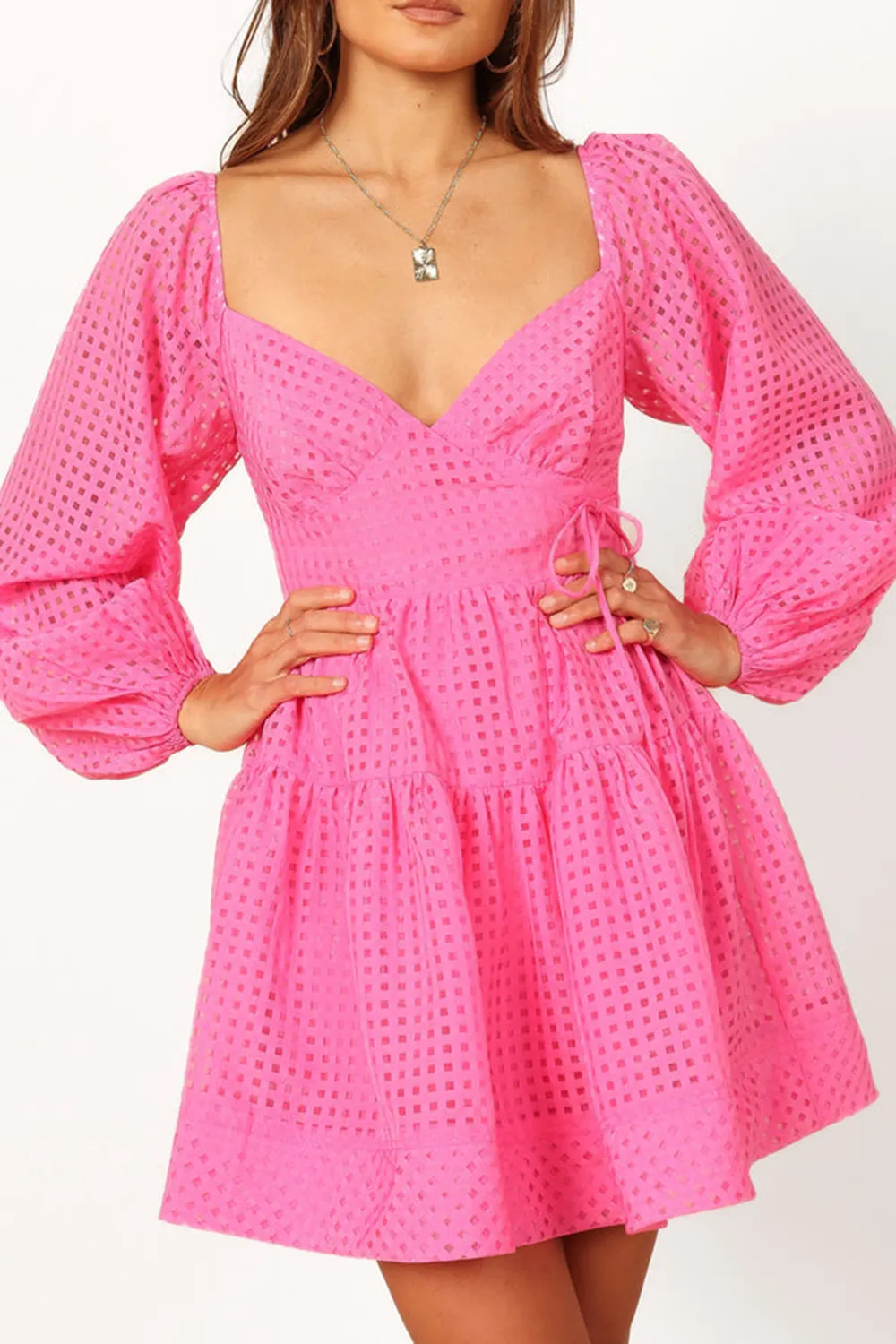 DEEP V NECK MAGENTA LONG SLEEVE MINI DRESS