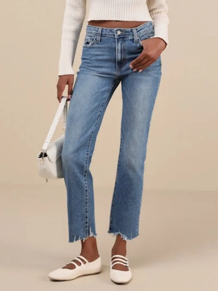 Frayed Hem Straight Jeans
