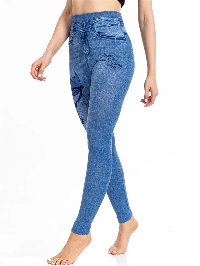 Women's Slim Pants Trousers Leggings Full Length Faux Denim Pocket High Cut High Elasticity High Waist Fashion Streetwear Street Causal Lake Blue Royal Blue S M Summer Fall