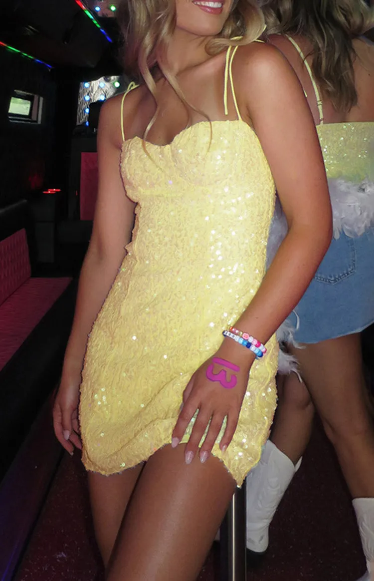 Sequin Sweetheart Neck Yellow Mini Dress