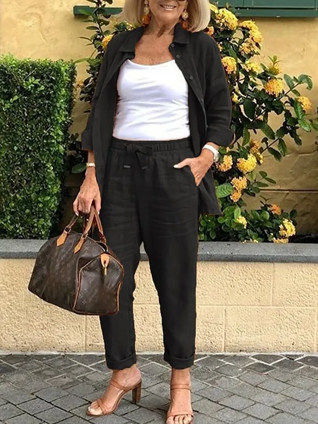 Women's Loungewear Sets Fashion Casual Comfort Home Daily Vacation Linen Summer Spring Black White