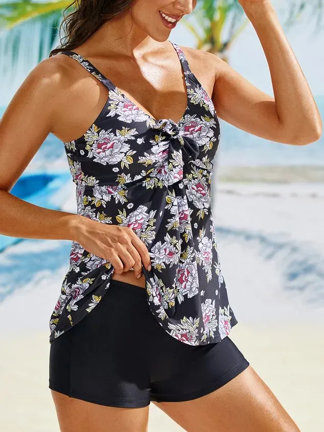 Vacation Floral Printing Scoop Neck Tankinis Two-Piece Set