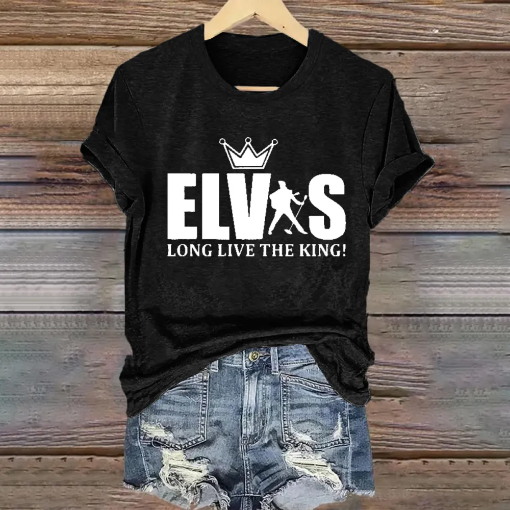 Women's  Long Live The King Print Short Sleeve Round Neck Cotton T-Shirt