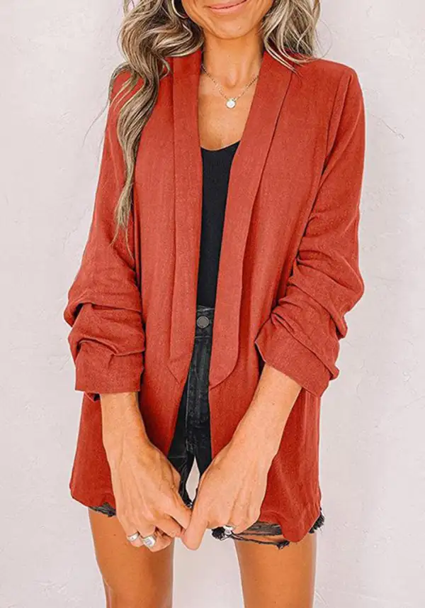 Plain Shawl Collar Ruched Sleeve Blazer