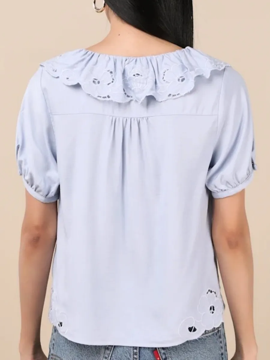 Eyelet V-Neck Short Sleeve Blouse