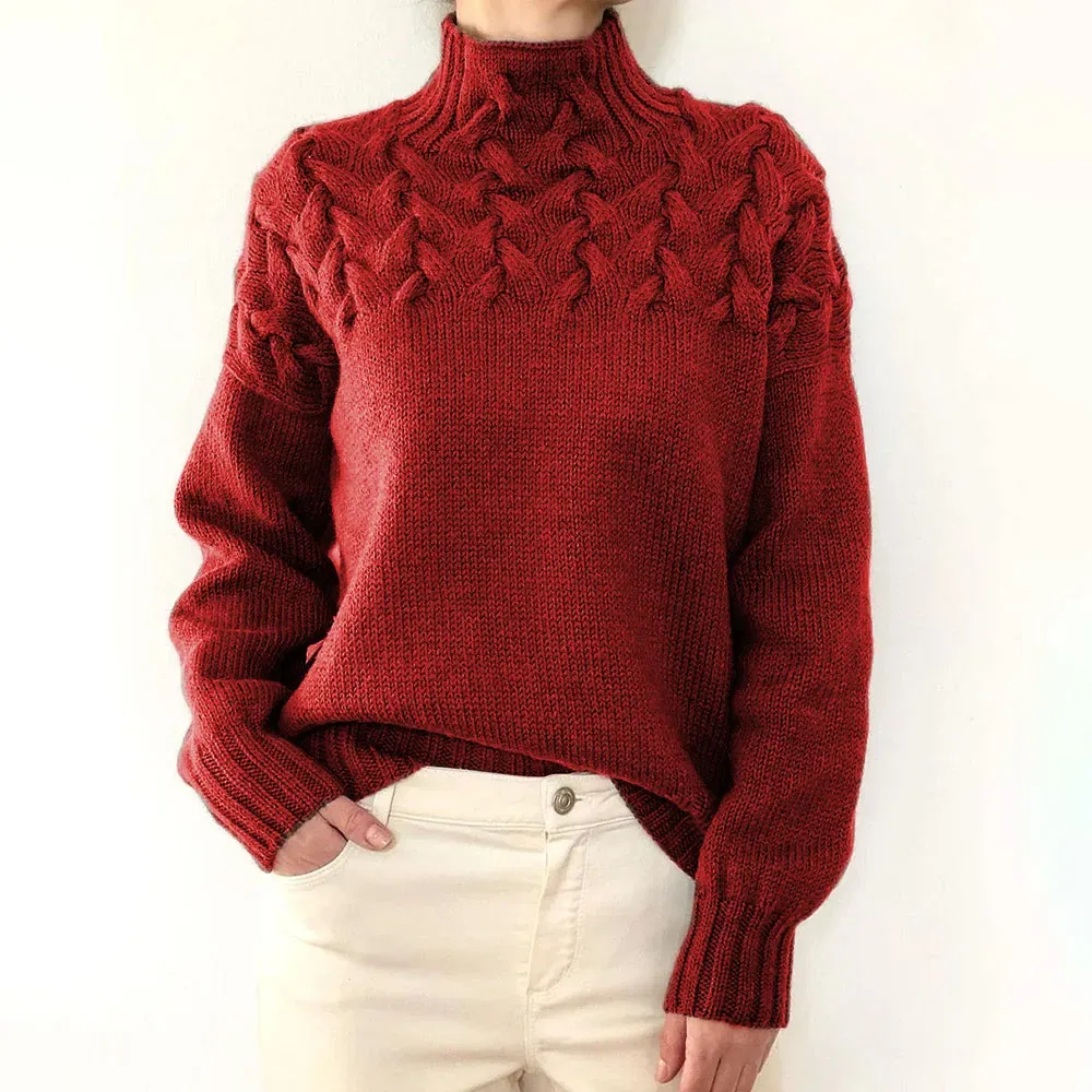 Vintage Woven Detail Turtleneck Long Sleeve Sweater
