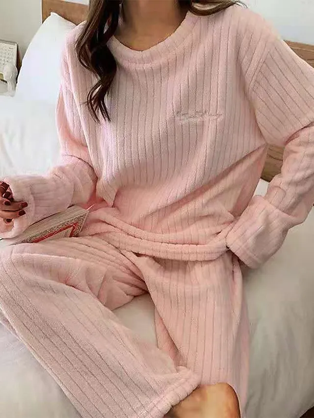 Women's Fleece Fluffy Fuzzy Warm Pajamas Sets Letter Plush Casual Comfort Home Daily Bed Coral Fleece Coral Velvet Warm Crew Neck Long Sleeve Pullover Pant Elastic Waist Fall Winter Light Pink White