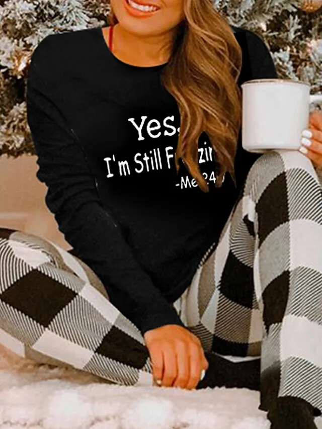 Women's Christmas Pajamas Top Letter Casual Comfort Soft Home Xmas Christmas Daily Polyester Breathable Gift Crew Neck Long Sleeve T shirt Tee Fall Winter Black White