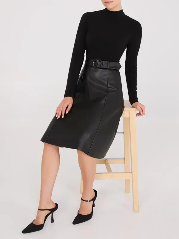 Mock Neck Faux Leather Midi Dress