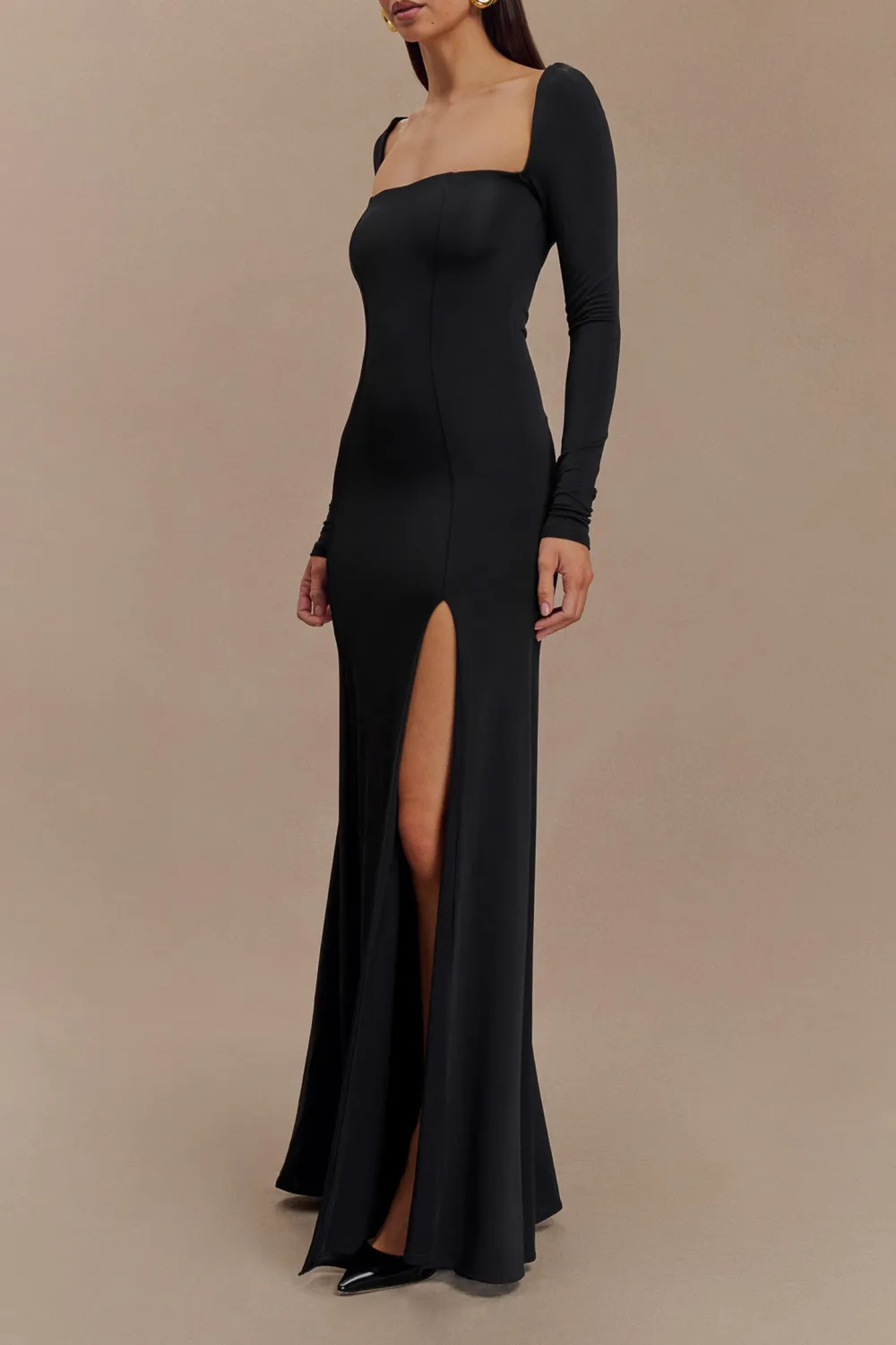 Slinky Long Sleeve Maxi Dress With Split