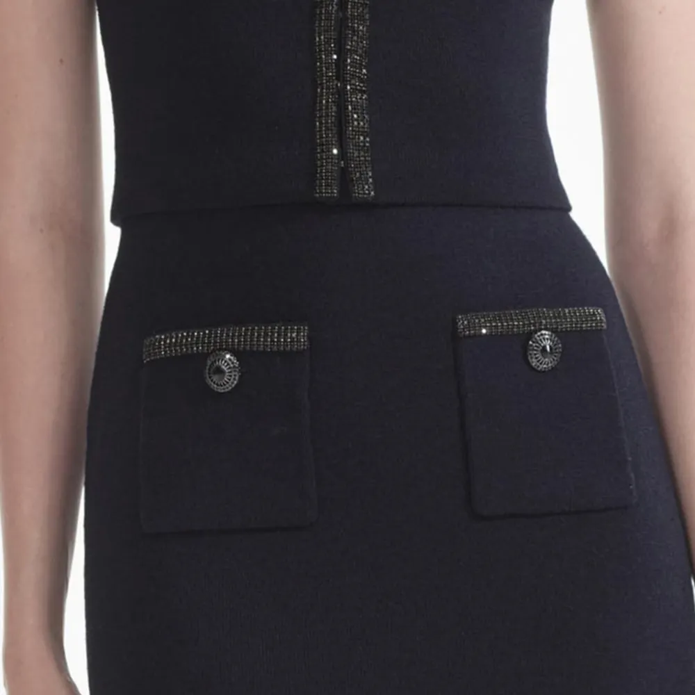 Navy Embellished Knit Midi Skirt