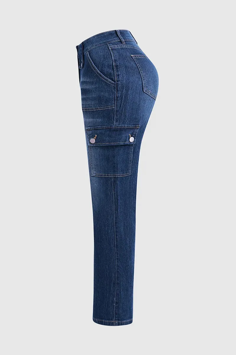 Flap Pocket Low Rise Flare Jeans Without Belt