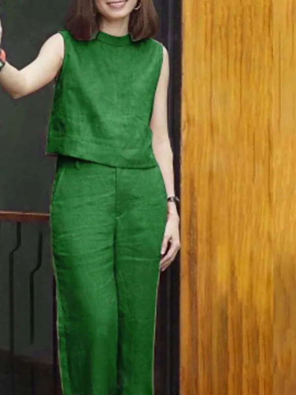 Women's Loungewear Sets Pure Color Fashion Casual Comfort Street Daily Date Cotton And Linen Breathable Stand Collar Sleeveless Tank Top Pant Summer Spring Blue Fuchsia