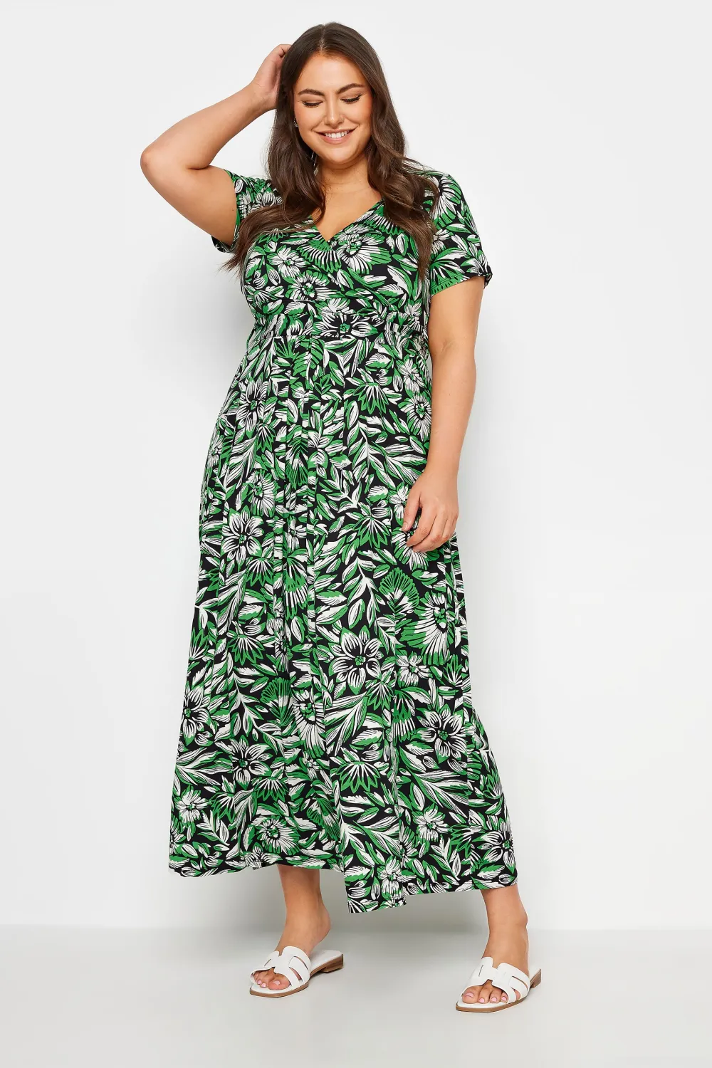 YOURS Curve Green Leaf Print Tiered Maxi Dress