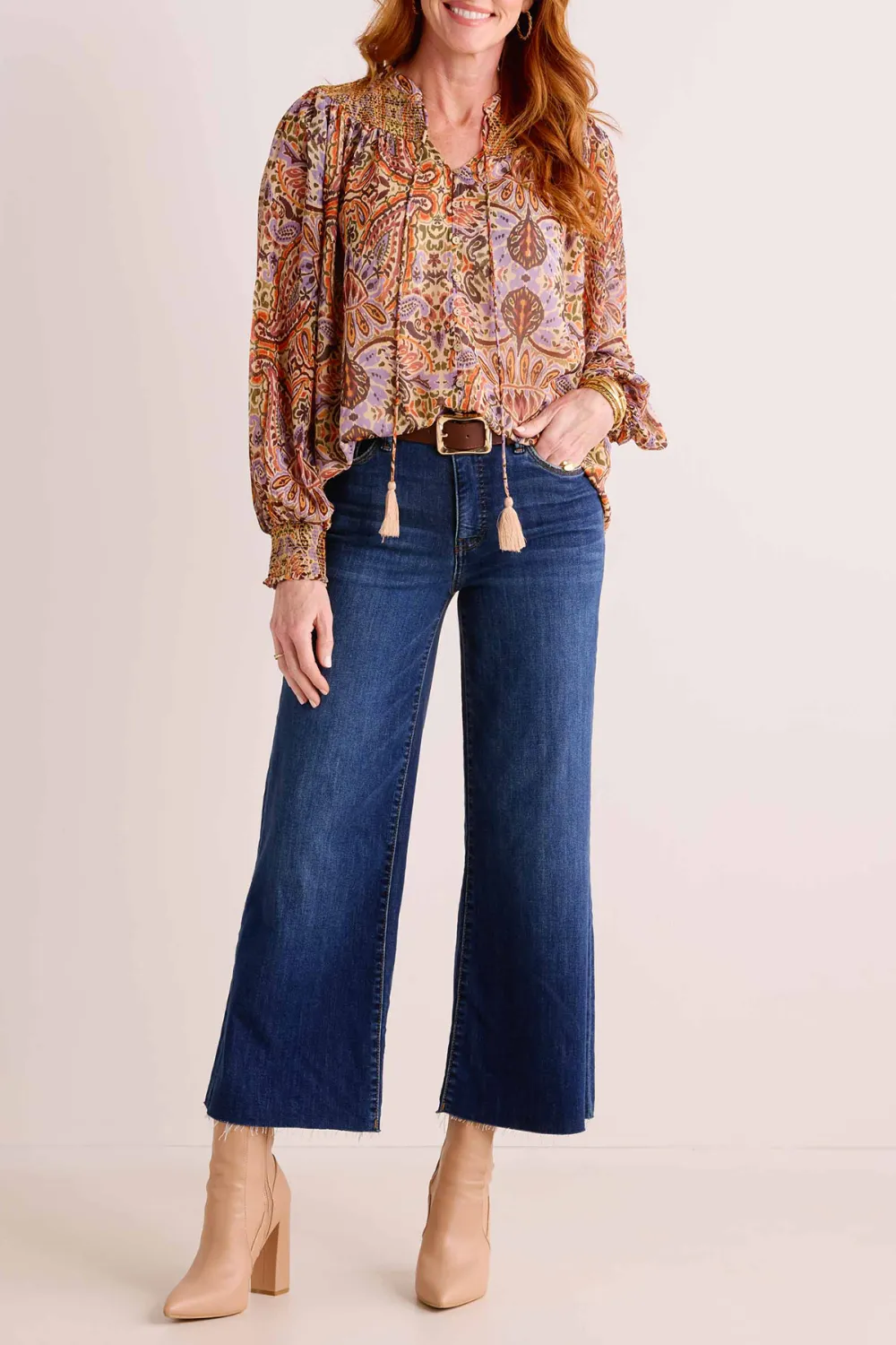 Print Tie-Neck Balloon Sleeve Blouse