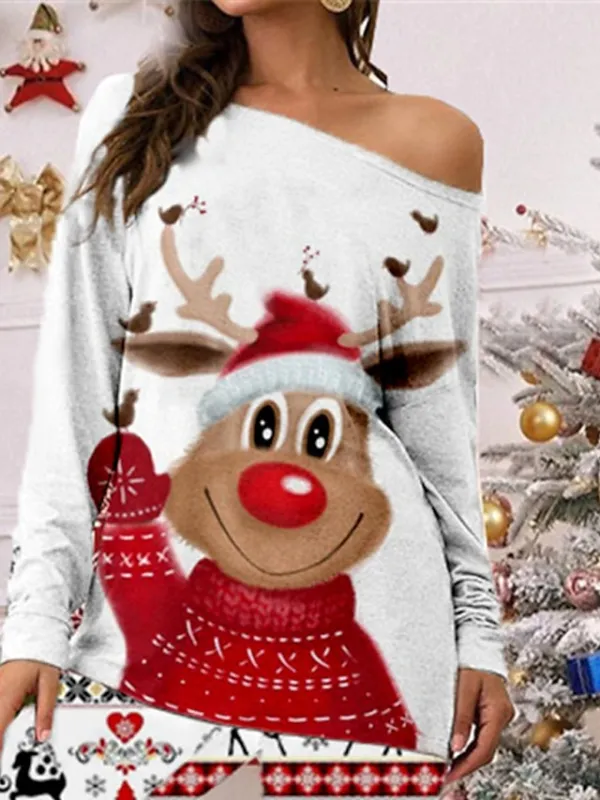 Women's Plus Size Christmas Pajamas Sets Animal Elk Fashion Comfort Soft Home Xmas Carnival Cotton Spandex Jersey Gift Long Sleeve T shirt Tee Pant Elastic Waist Fall Spring White