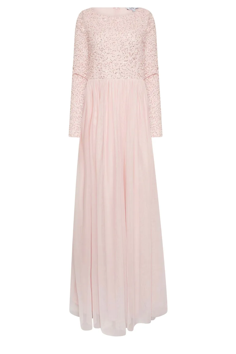 LTS Tall Blush Pink Long Sleeve Sequin Hand Embellished Maxi Dress