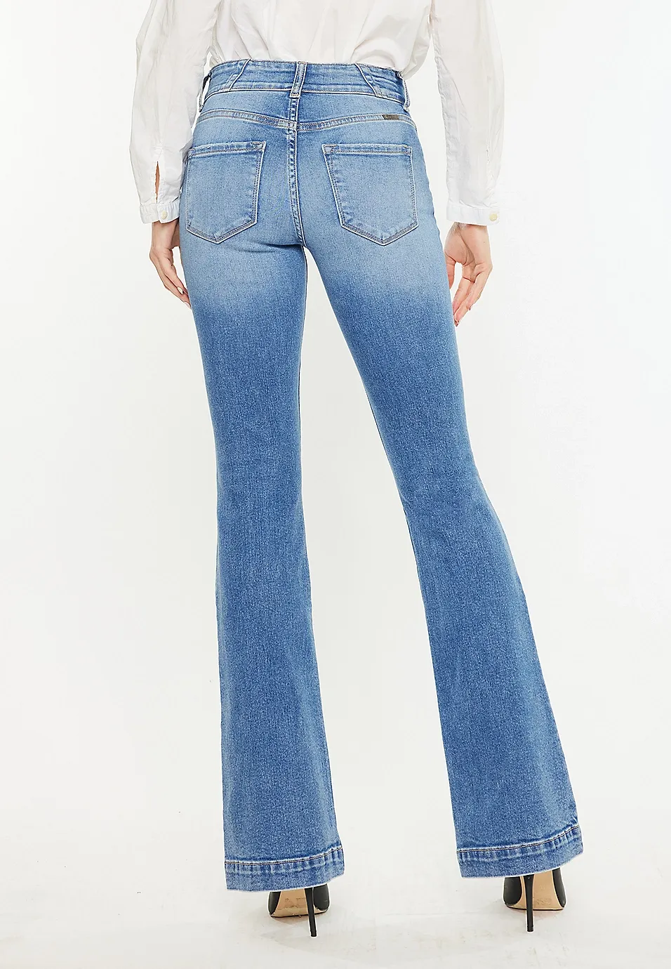 High Rise Double Button Wide Hem Flare Jean