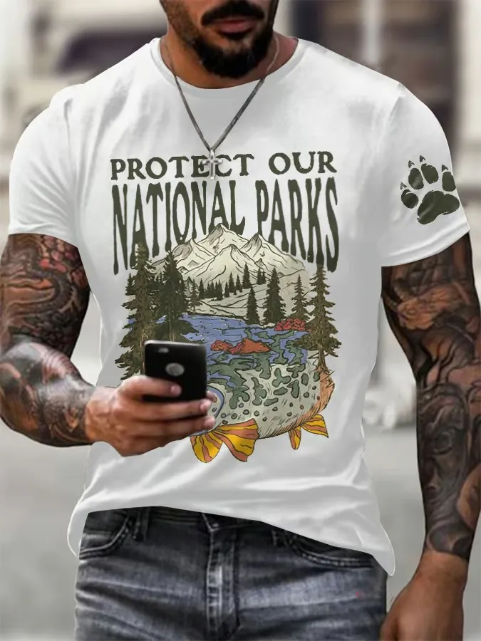 Men'S T-Shirt Men'S Support National Park Printed Crewneck T-Shirt Pure Cotton Printed Short Sleeve