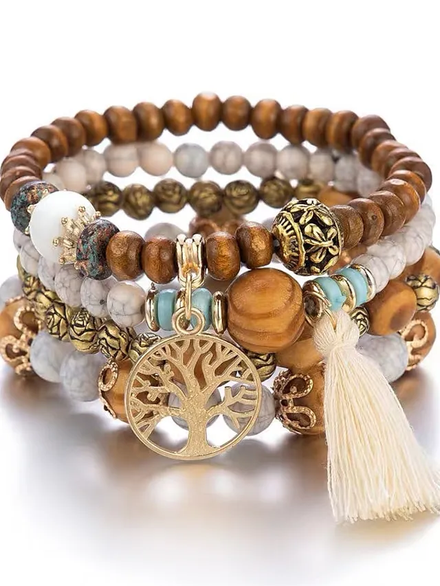 Women's Bead Bracelet Vintage Bracelet Layered Fashion Tree of Life Flower Elegant Fashion Personalized Tassel Bohemian Alloy Bracelet Jewelry For Gift Holiday Date Beach Festival