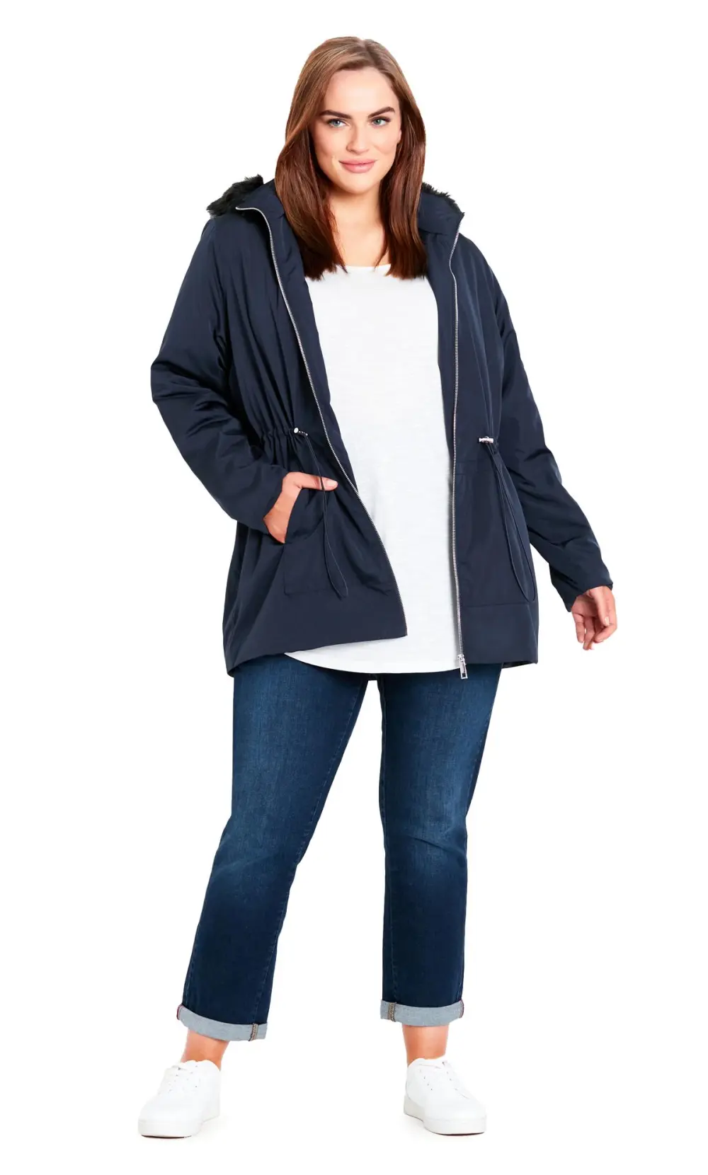Evans Navy Blue Faux Fur Hooded Parka Coat