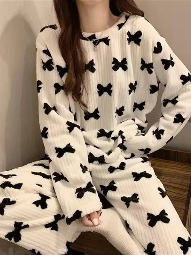 Women's Fleece Coral Pajamas Sets Cartoon Fruit Fashion Plush Casual Home Daily Bed Coral Breathable Crew Neck Long Sleeve Pant Summer Fall Lotus Pink Black
