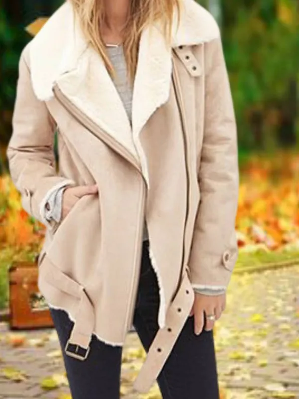 Beige Casual Plain Faux Fur Shawl Collar Jacket