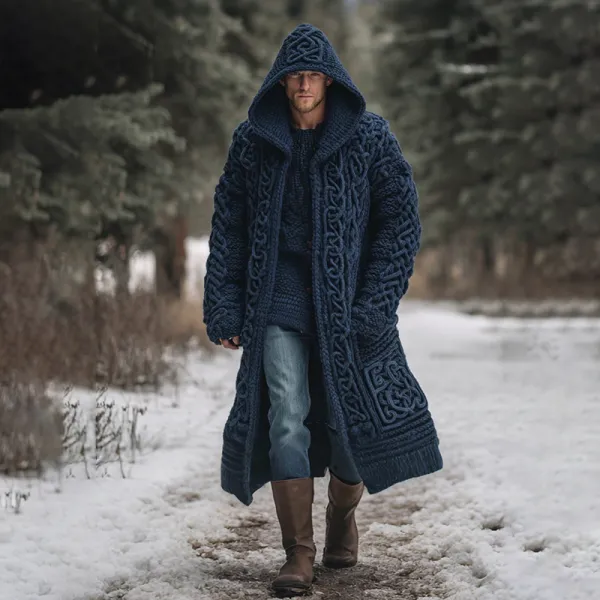 Men's Viking Celtic Knot Art Mid-length Chunky Knit Cardigan Sweater