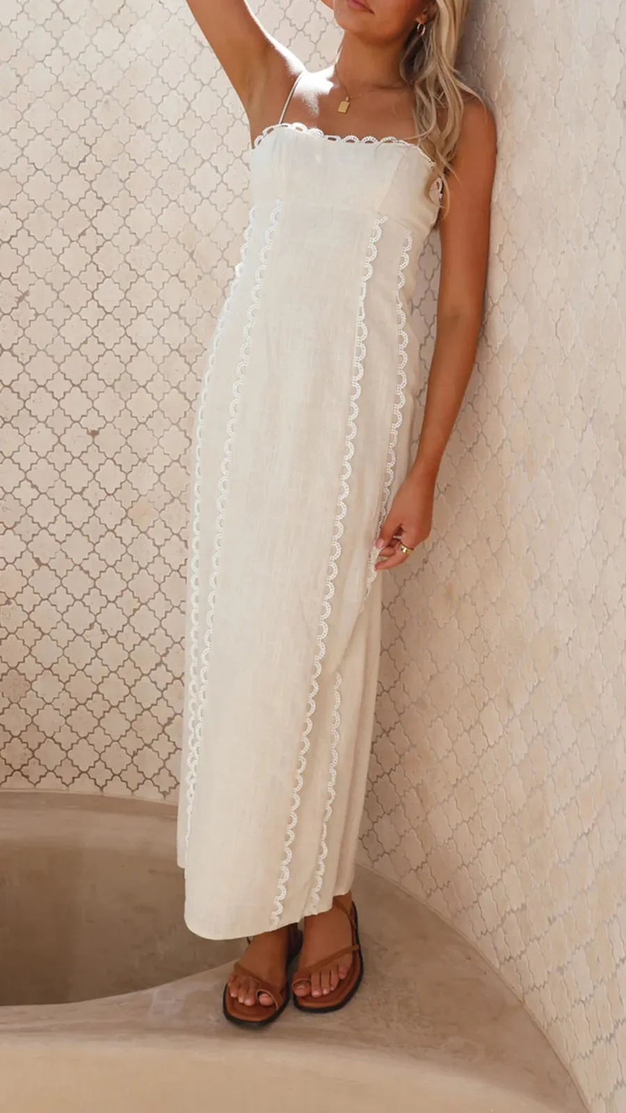 White Cotton And Linen Suspender Midi Dress