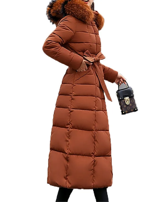 Women's Parka Winter Long Puffer Jacket Thicken Warm Coat with Fur Collar Windproof Casual Jacket Zip up Quilted Long Sleeve with Pockets