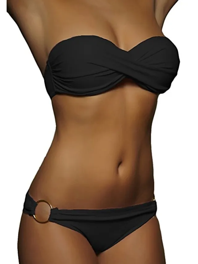 Women's Swimwear Bikini 2 Piece Normal Swimsuit Ruched 2 Piece Open Back Sexy Pure Color Black White Yellow Pink Red Padded Strapless Bathing Suits New Vacation Beach Wear