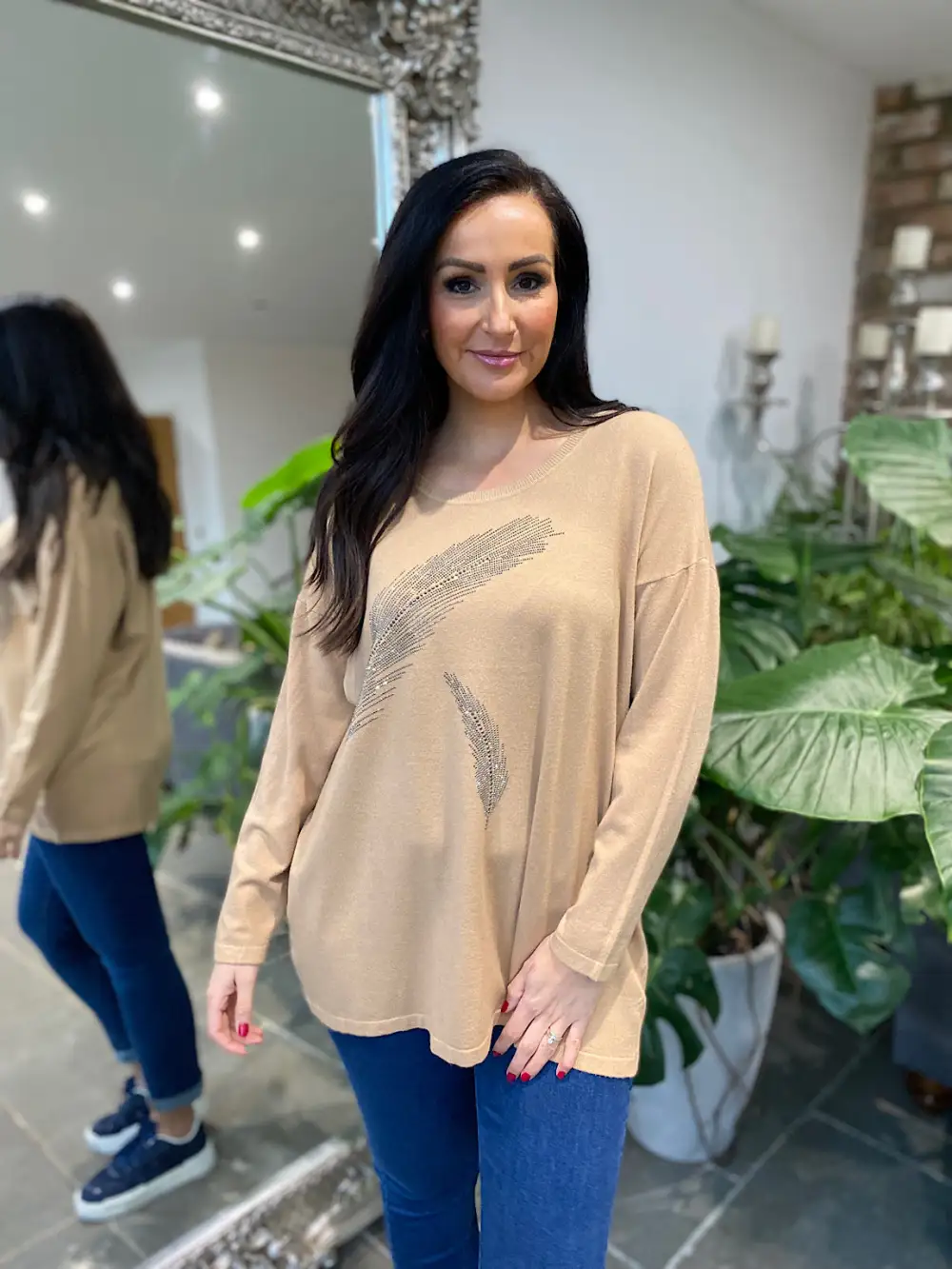 Camel Diamante Feather Knit Rosie