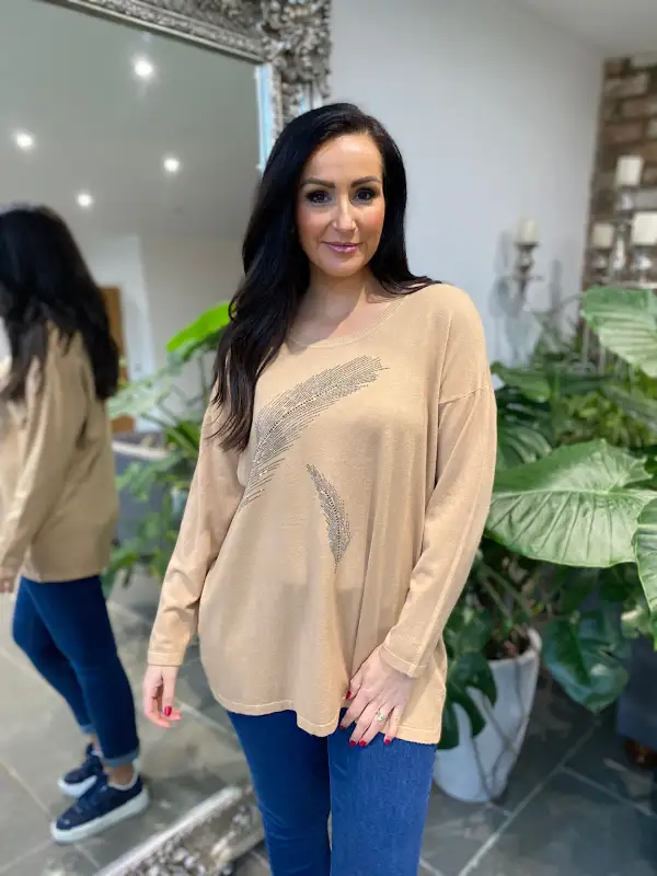 Camel Diamante Feather Knit Rosie
