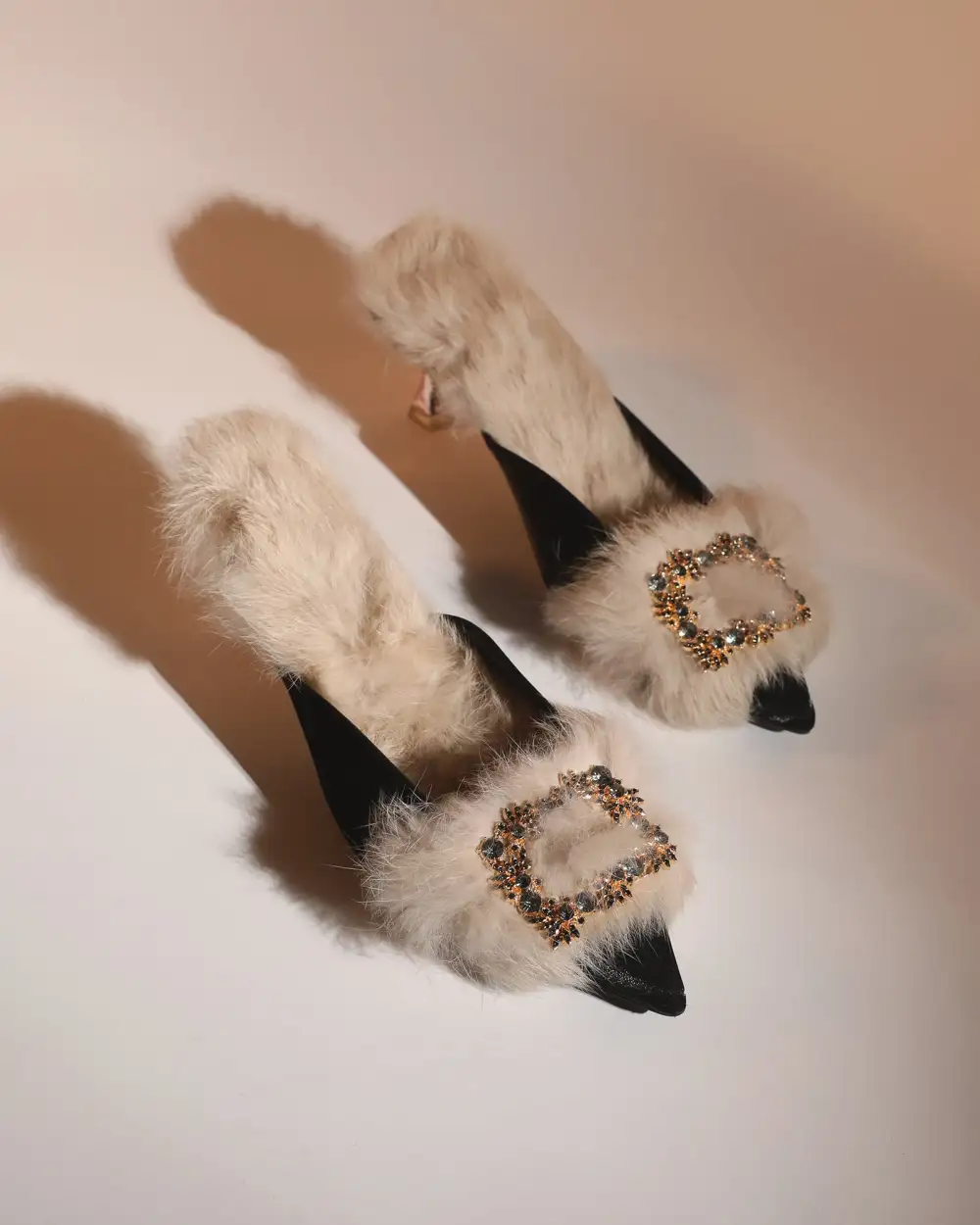 Faux Fur Satin Mules in Black