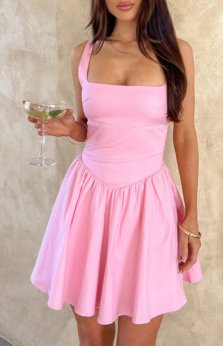Square Neck Pink Flared Mini Dress